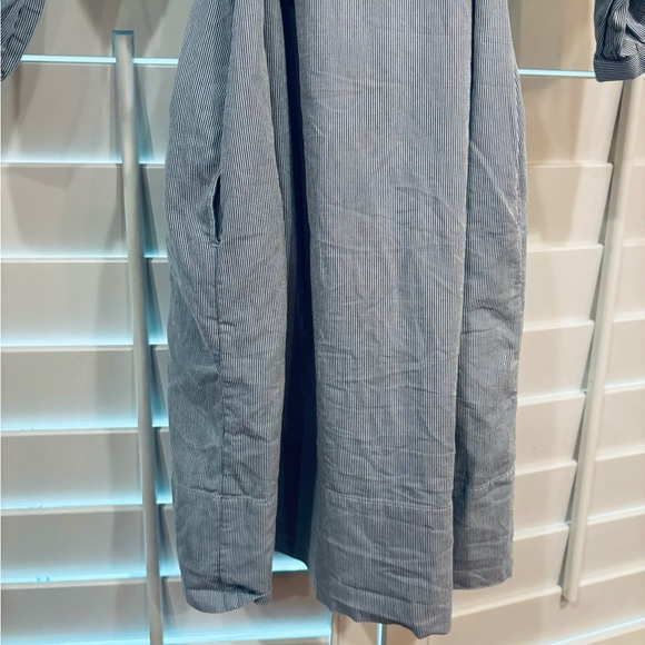 Everlane Cotton Weave Collarless Belted Shirtdress pinstripe Sz 6 pockets navy - Picture 14 of 16